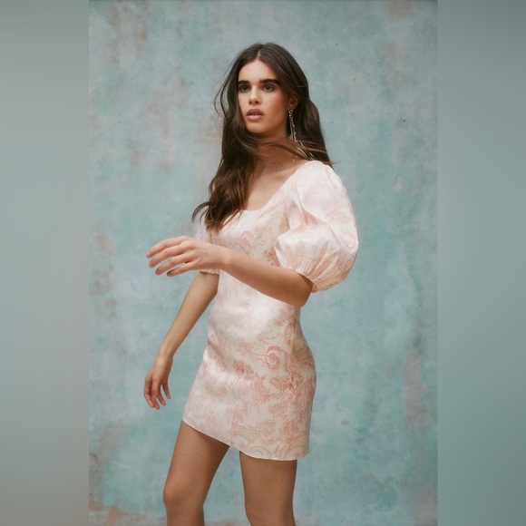 Laura Ashley x  Urban Outfitters Puff Sleeve Dress Size Large‎ Cream Pink Floral - Picture 5 of 14